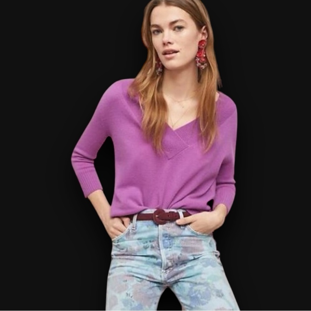 Anthropologie Purple Limited Edition Cashmere Collection Cassini V-Neck Sweater